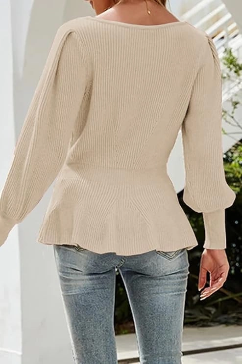 Bluza tricotata larga cu maneci lungi, pulover pentru femei, Crem XL [2]
