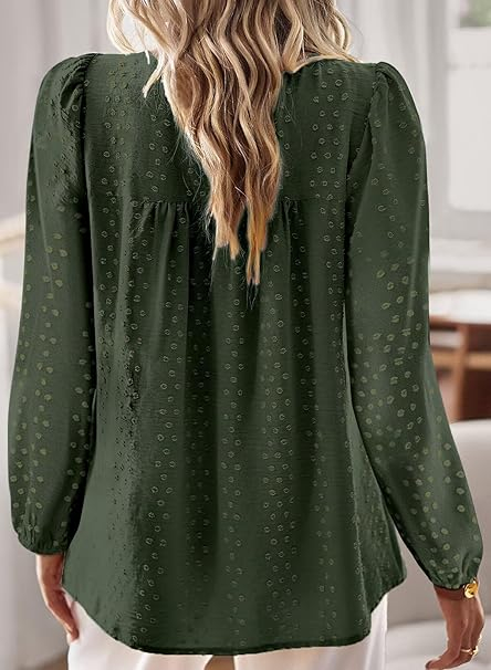 Bluza larga cu maneci lungi, cu buline elvețiene, dantelă, pliabilă în față, verde L [3]