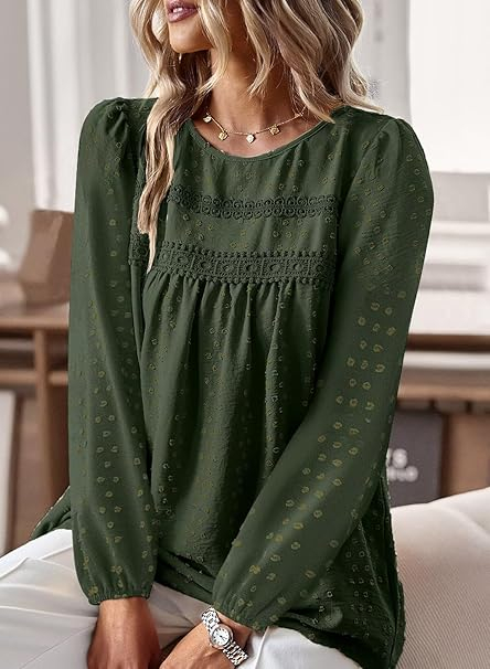 Bluza larga cu maneci lungi, cu buline elvețiene, dantelă, pliabilă în față, verde L [2]