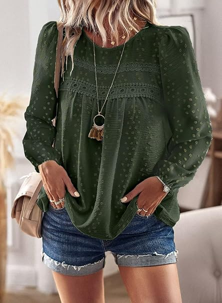 Bluza larga cu maneci lungi, cu buline elvețiene, dantelă, pliabilă în față, verde L [5]