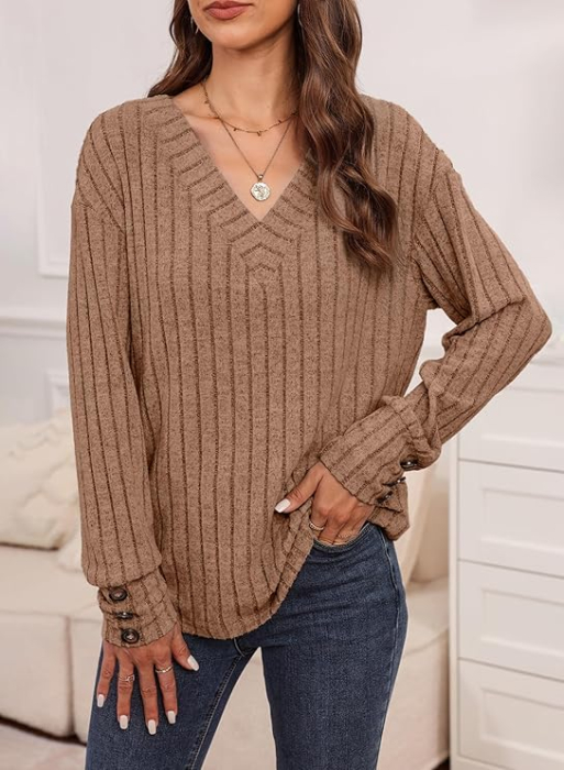 Bluza larga cu maneci lungi cu masete cu nasturi, maro M [4]