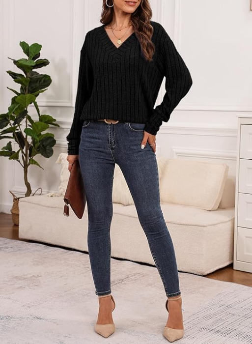 Bluza larga cu maneci lungi cu masete cu nasturi, neagra M [5]