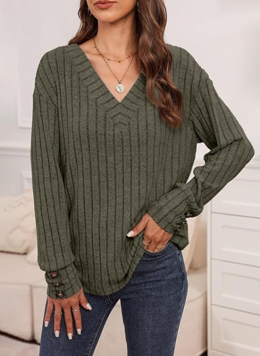 Bluza larga cu maneci lungi cu masete cu nasturi, verde M [4]