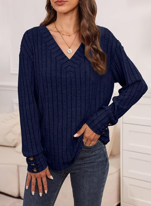 Bluza larga cu maneci lungi cu masete cu nasturi, albastra M [4]