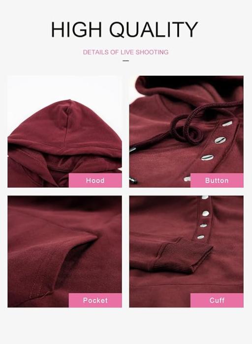 Bluza extralarga cu maneci lungi si decolteu cu capse, hanorac cu gluga, visinie 2XL [5]