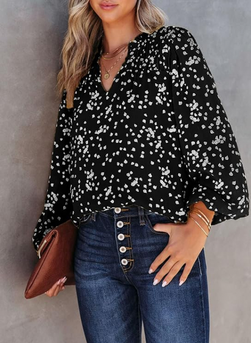 Bluza larga din dantela cu mânecă lungă pentru femei Neagra M [3]