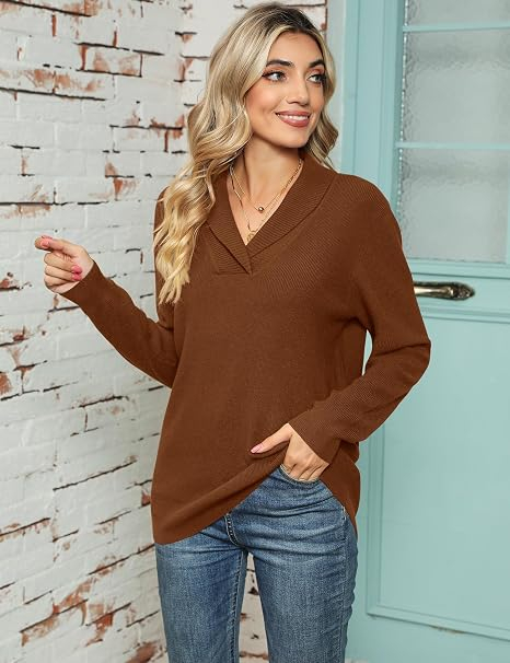 Bluza maro lejera, Pulover cu Decolteu V Petrecut, Mâneci Lungi, Moale și Elegant, M [2]