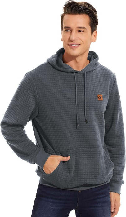 Hanorac gri Bărbați Huayuzh, cu Glugă, Model Carouri Jacquard, Buzunar Cangur, 2XL [3]