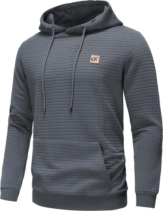 Hanorac gri Bărbați Huayuzh, cu Glugă, Model Carouri Jacquard, Buzunar Cangur, 2XL [4]