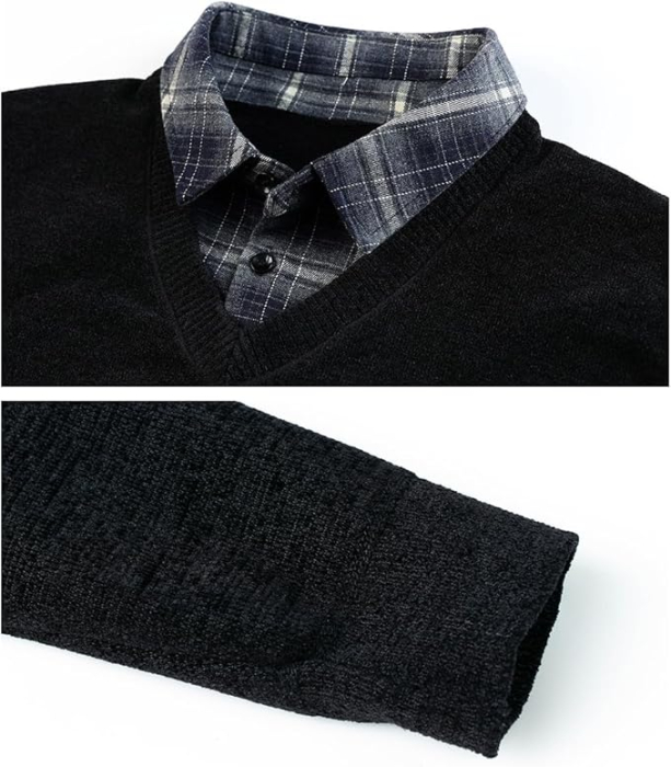 Bluza neagra lejera pentru barbati, cu maneci lungi, pulover cu decolteu camasa XL [4]