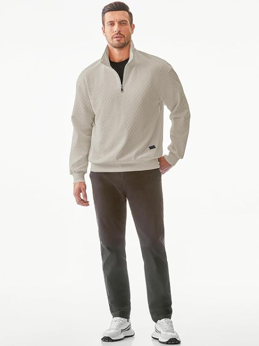 Bluza lejera pentru barbati, cu maneci lungi, pulover Bej cu fermoar 1/4 3XL [3]