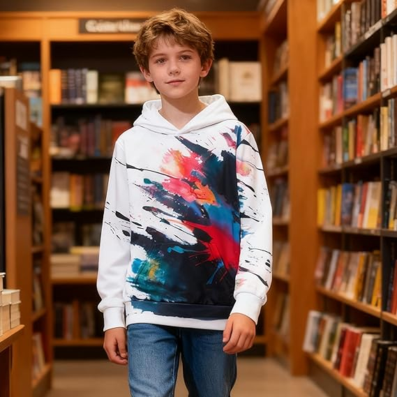 Bluza lejera pentru copii, cu maneci lungi, hanorac alb cu model abstract si gluga 12-13 ani [3]