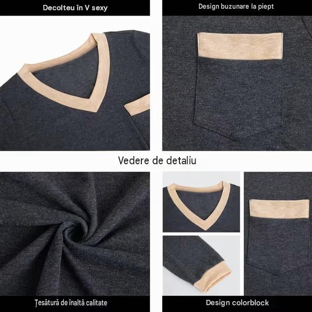 Bluză Damă Fisoew, Mânecă Lungă, Decolteu în V, Verde, Color Block, 2XL [4]