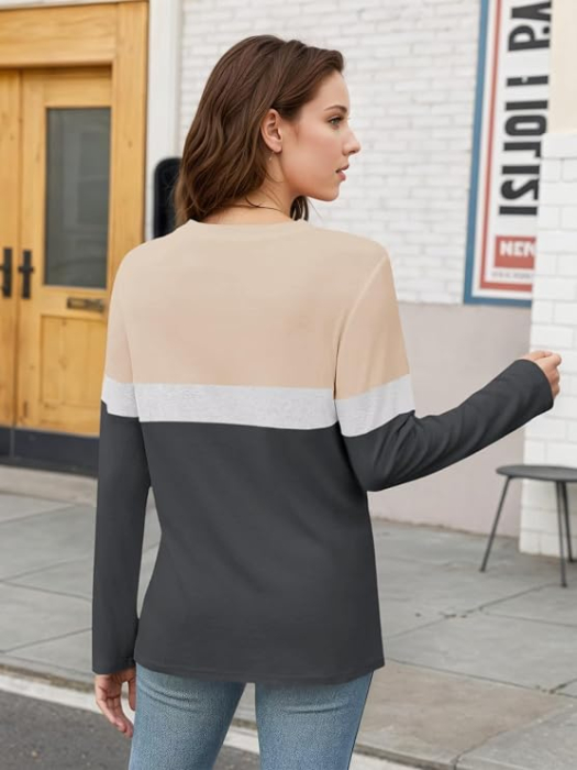 Bluza lejera pentru femei, cu maneci lungi, guler rotund, kaki/gri L [4]