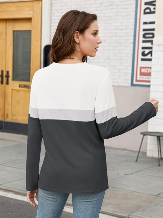 Bluza lejera pentru femei, cu maneci lungi, guler rotund, alb/gri L [4]