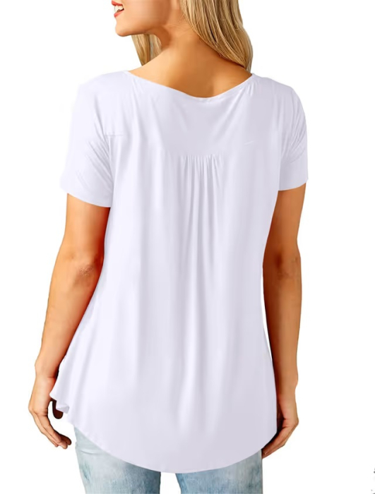 Tricou alb lejer pentru femei, decolteu in V cu nasturi, M [3]