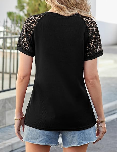 Bluza lejera pentru femei, maneci scurte, dantelate, neagra XL [5]