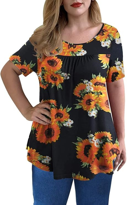 Bluza lejera pentru femei, maneci scurte, dantelate, neagra cu flori 3XL [2]