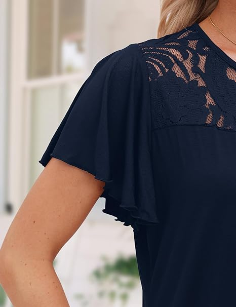 Bluza lejera pentru femei, maneci scurte, dantelate, albastra L [3]