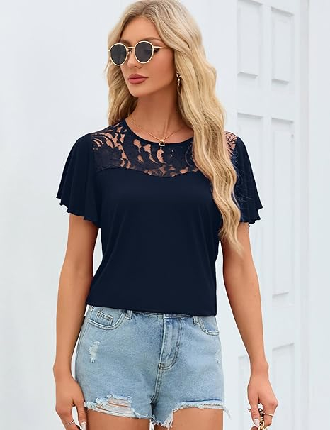 Bluza lejera pentru femei, maneci scurte, dantelate, albastra L [2]