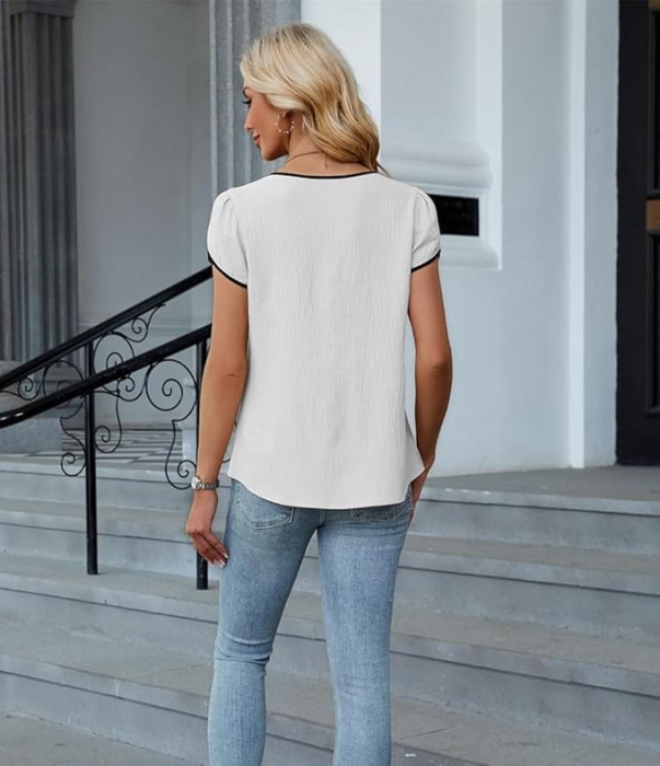 Bluza lejera pentru femei, maneci scurte, decolteu V bordurat, verde S [3]