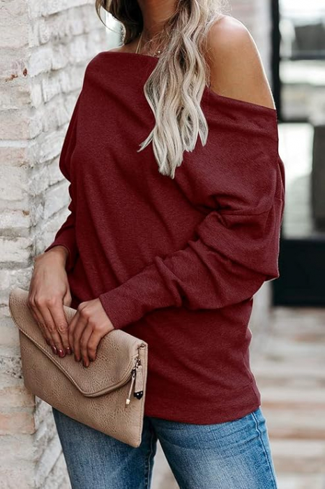 Bluza larga pentru femei, pulover fin, lasata peste umeri, visinie L [4]