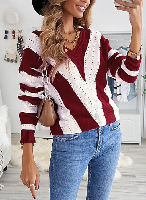 Bluza lejera pentru femei, pulover respirabil, decolteu V maro 2XL [4]