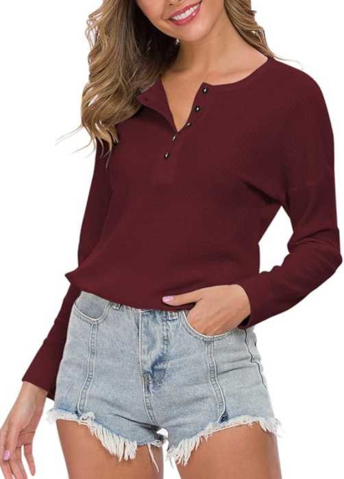 Bluza lejera pentru femei, pulover respirabil, decolteu V cu nasturi visinie M [5]