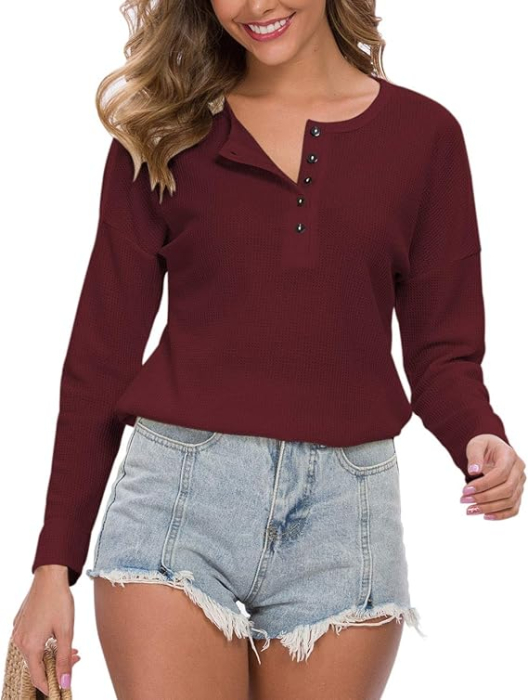 Bluza lejera pentru femei, pulover respirabil, decolteu V cu nasturi visinie M [3]
