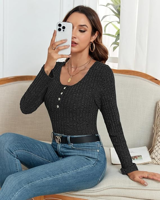 Bluza neagra lejera pentru femei, pulover respirabil, decolteu rotund cu nasturi L [4]