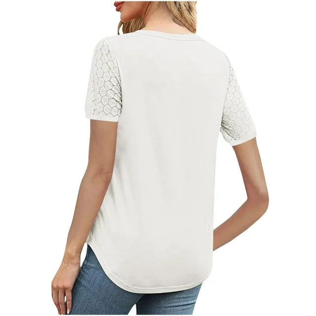 Bluza lejera pentru femei, maneci scurte, dantelate, alba M [4]