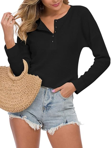 Bluza lejera pentru femei, pulover respirabil, decolteu V cu nasturi negru M [2]