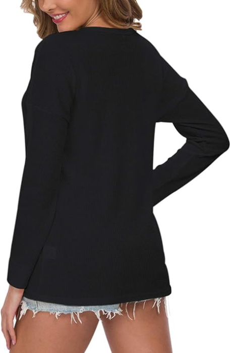 Bluza lejera pentru femei, pulover respirabil, decolteu V cu nasturi negru M [6]