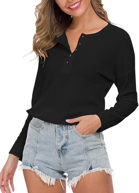 Bluza lejera pentru femei, pulover respirabil, decolteu V cu nasturi negru M [4]