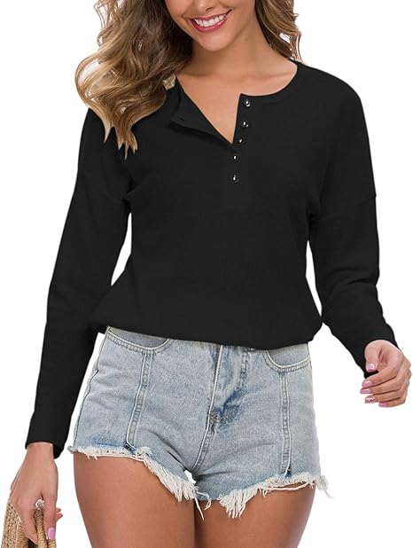 Bluza lejera pentru femei, pulover respirabil, decolteu V cu nasturi negru M [3]