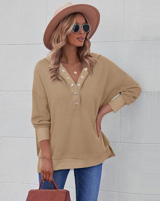 Bluza lejera pentru femei, pulover respirabil, decolteu V maro XL [4]