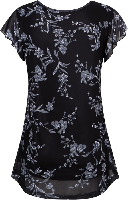 Bluza lejera pentru femei, subtire, respirabila, maneci scurte, neagra cu flori XL [2]