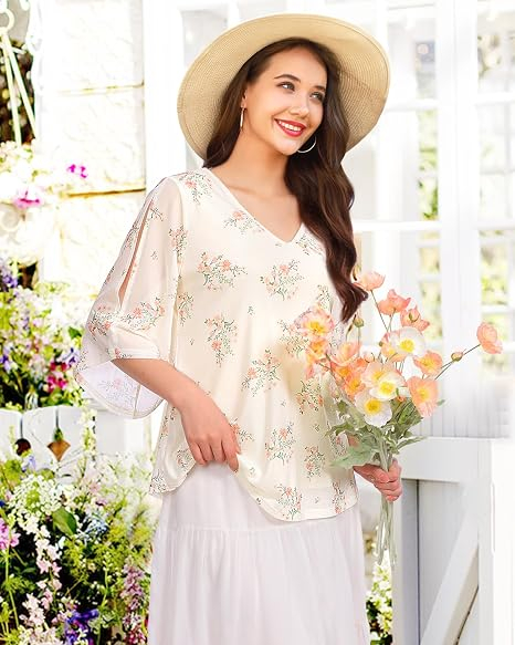 Bluză damă cu mâneci tip fluture, decolteu în V și imprimeu floral L [2]