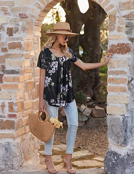 Bluza lejera pentru femei, subtire, respirabila, maneci scurte, neagra cu flori colorate XL [6]