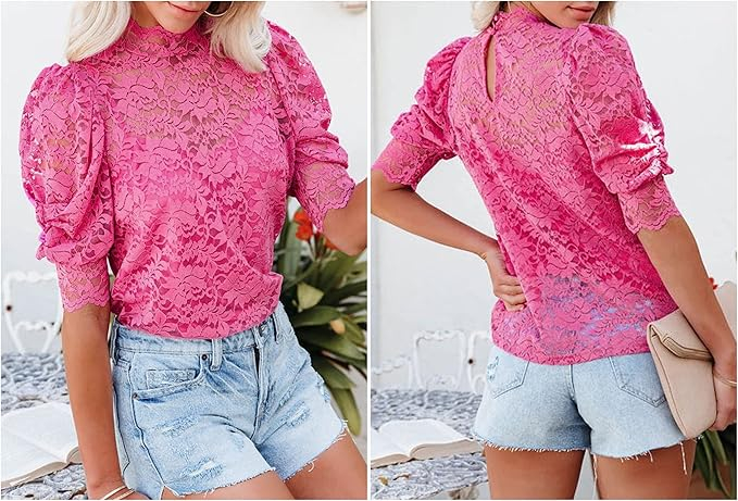 Bluza lejera pentru femei, top cu maneci scurte, dantele Roz L [2]