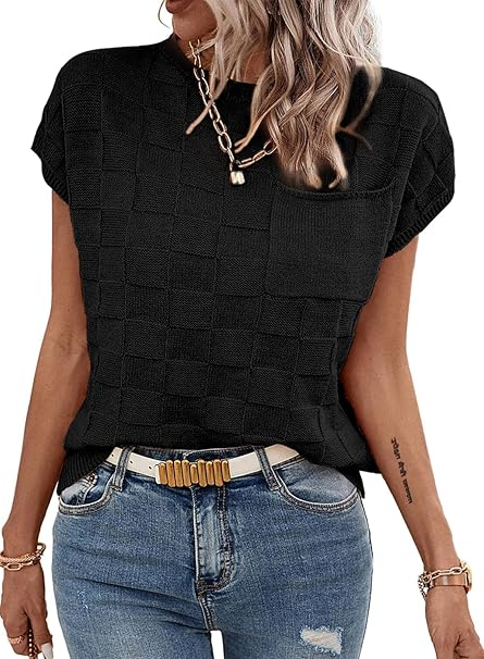 Bluza lejera pentru femei, top cu maneci scurte, Negru L [1]
