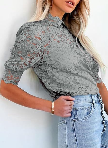 Bluza lejera pentru femei, top cu maneci scurte, dantele gri 2XL [3]