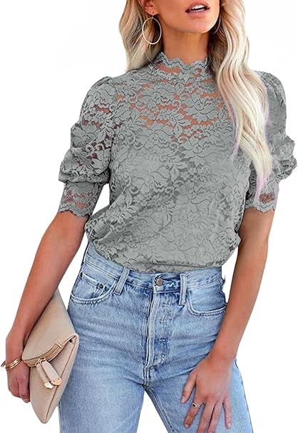 Bluza lejera pentru femei, top cu maneci scurte, dantele gri 2XL [1]