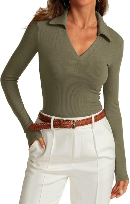 Bluza mulata de vară pentru femei, cu maneca lunga, decolteu V  verde M [2]