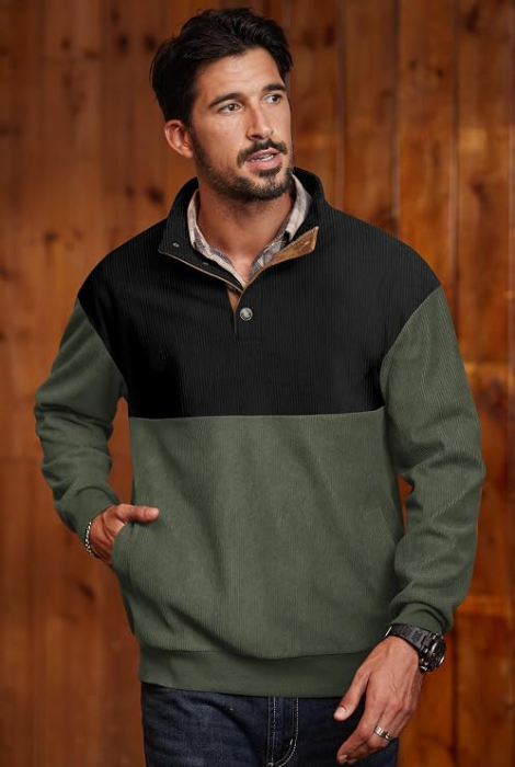 Bluză verde Bărbați, Pulover cu Fleece, Guler Înalt, Buzunar Cangur, Mâneci Lungi, M [2]