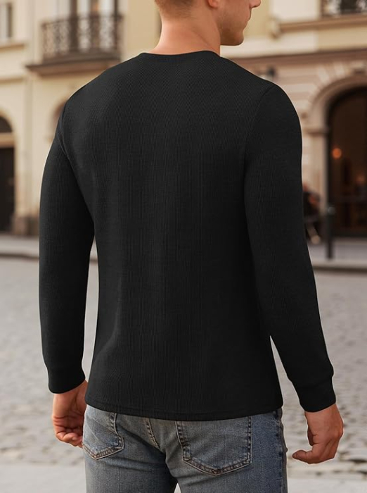 Bluza neagra casual respirabila pentru barbati, pulover tricotat, decolteu despicat cu 2 nasturi M [5]