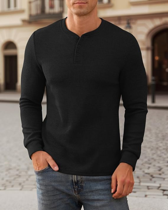 Bluza neagra casual respirabila pentru barbati, pulover tricotat, decolteu despicat cu 2 nasturi M [2]