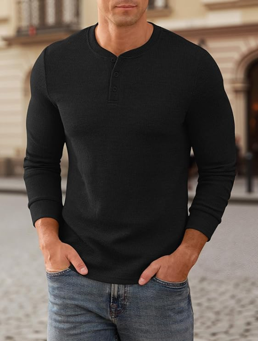 Bluza neagra casual respirabila pentru barbati, pulover tricotat, decolteu despicat cu 2 nasturi M [4]