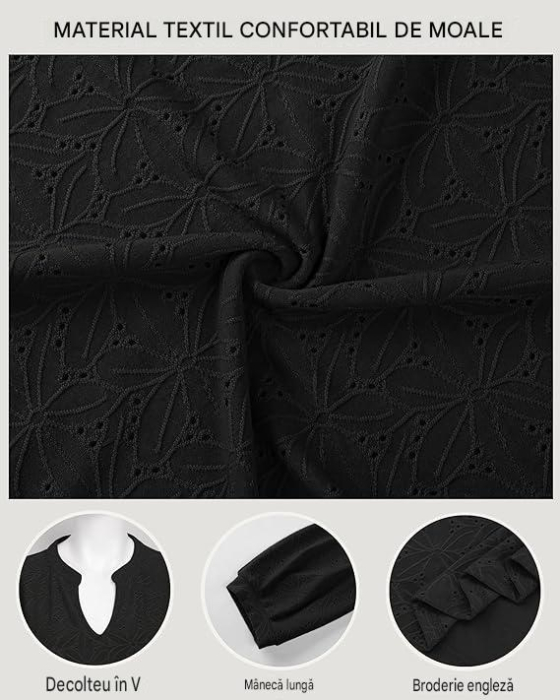 Bluza neagra lejera pentru femei, cu maneci lungi, decolteu in V, XL [5]