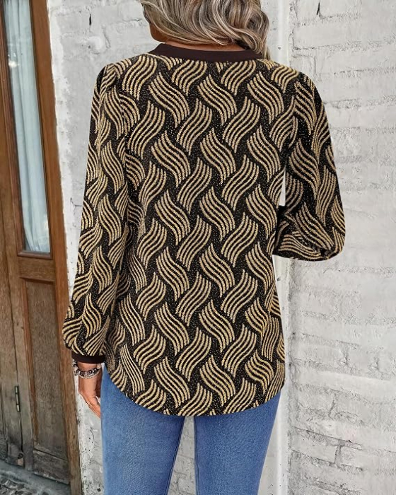 Bluza neagra cu auriu lejera pentru femei, cu maneci lungi, decolteu in V, 2XL [2]